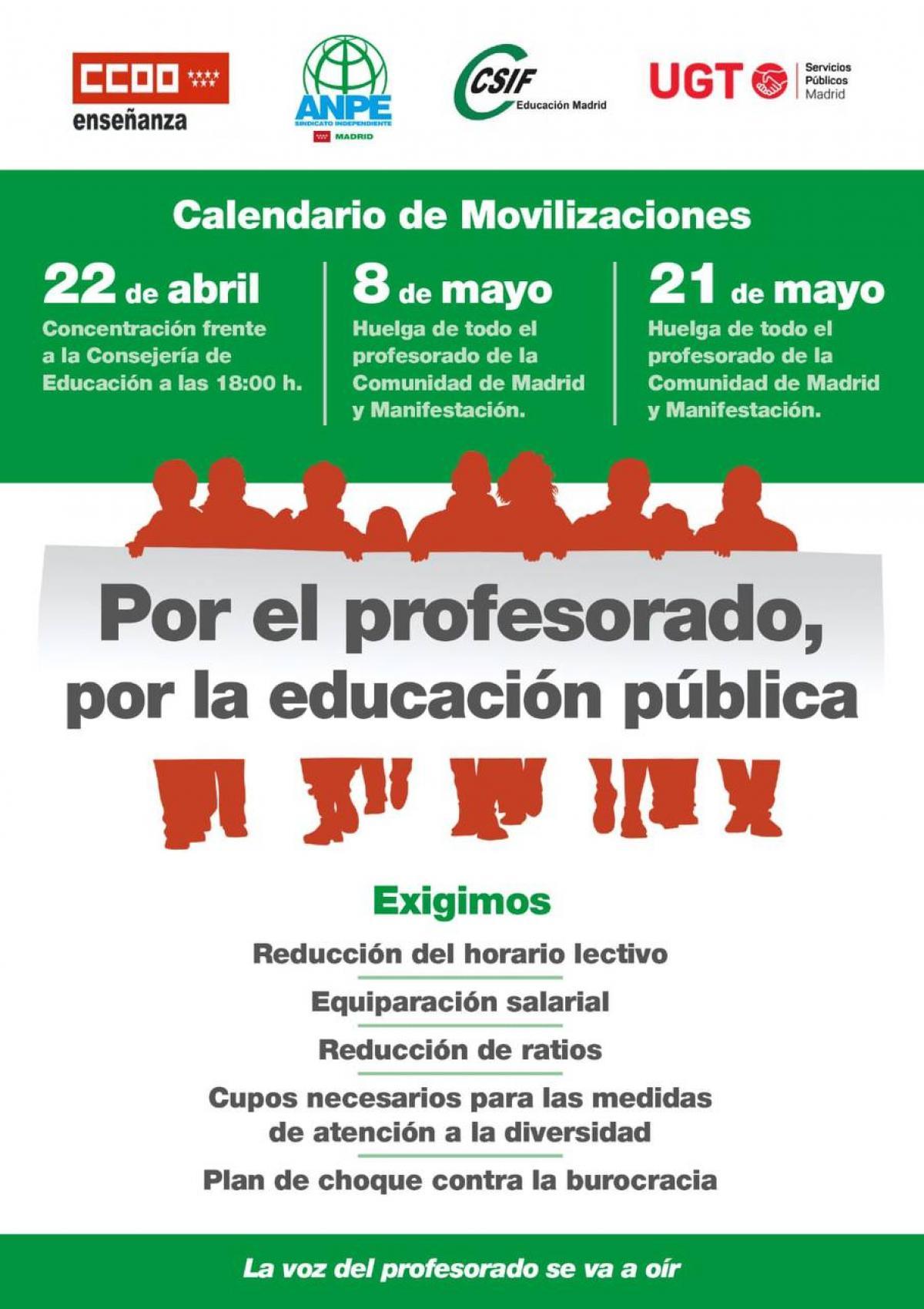 Huelga en la educacin madrilea los das 8 y 21 de mayo